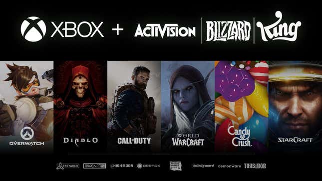 An illustration showing Xbox + Activision Blizzard King, with shots of the big franchises.
