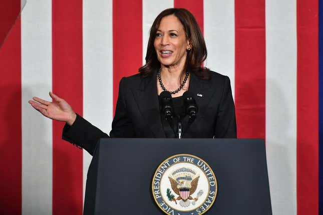 U.S. Vice President Kamala Harris speaks on small businesses at Delta Center Stage in Greenville, Mississippi, on April 1, 2022