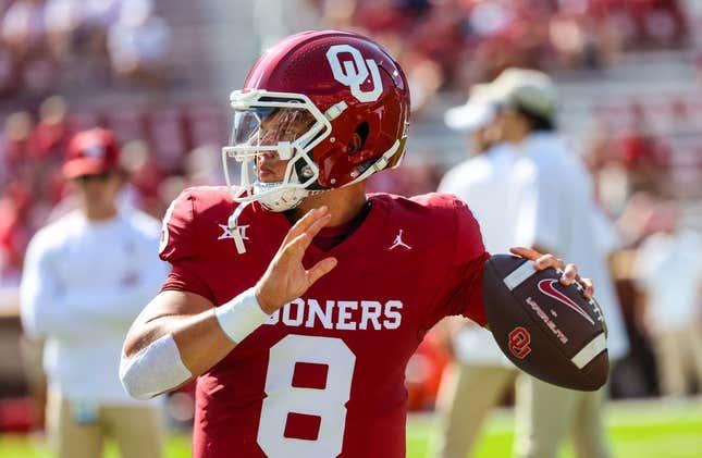 Sep 9, 2023; Norman, Oklahoma, USA;  Oklahoma Sooners quarterback Dillon Gabriel (8) warms up before the game against the Southern Methodist Mustangs at Gaylord Family-Oklahoma Memorial Stadium.