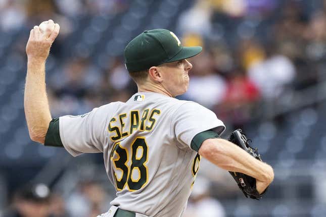 Jun 5, 2023; Pittsburgh, Pennsylvania, USA; Oakland Athletics starting pitcher JP Sears (38) pitches to the Pittsburgh Pirates during the first inning at PNC Park.