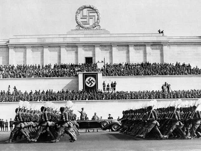 Adolf Hitler at Zeppelin Meadow, near Nuremberg, Germany on Sept. 8, 1937.