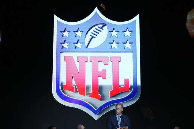 Aug 4, 2023; Canton, OH, USA; NFL commissioner Roger Goodell speaks with the NFL shield as a backdrop during the Pro Football Hall of Fame Gold Jacket dinner at Canton Civic Center.