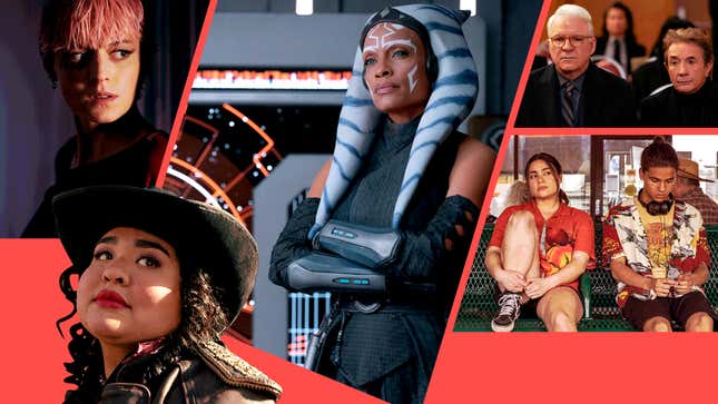 Clockwise from top left: Emma Corrin in A Murder At The End Of The World (Photo: Christopher Saunders/FX), Rosario Dawson in Ahsoka (Photo: Disney), Steve Martin and Martin Short in Only Murders In The Building (Photo: Patrick Harbron/Hulu), Devery Jacobs and D’Pharaoh Woon-A-Tai in Reservation Dogs (Photo: Shane Brown/FX), Ilia Isorelýs Paulino in One Piece (Photo: Netflix) 