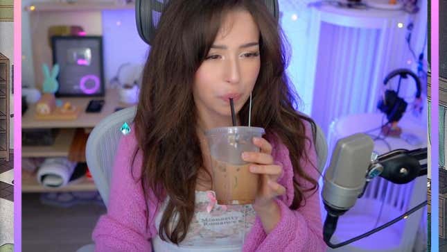 Pokimane sips iced coffee during a Twitch stream.