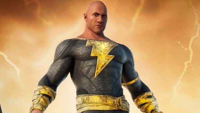 A promo image shows the Rock wearing Black Adam's costume in Fortnite. 