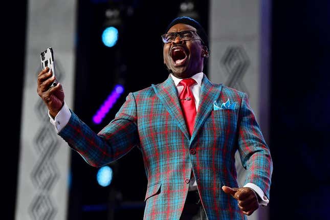 Apr 28, 2022; Las Vegas, NV, USA; Hall of famer Michael Irvin on stage before the first round of the 2022 NFL Draft at the NFL Draft Theater.