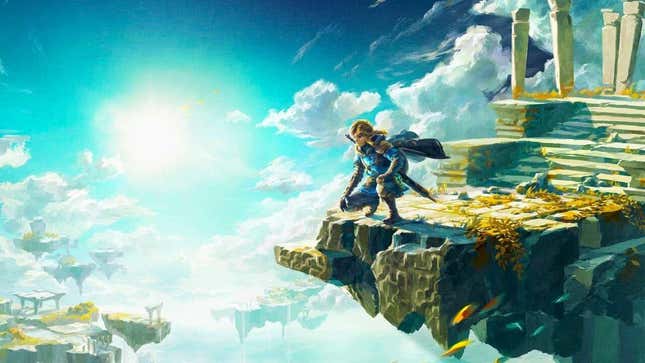 Link is seen kneeling at the edge of a floating island in the sky.
