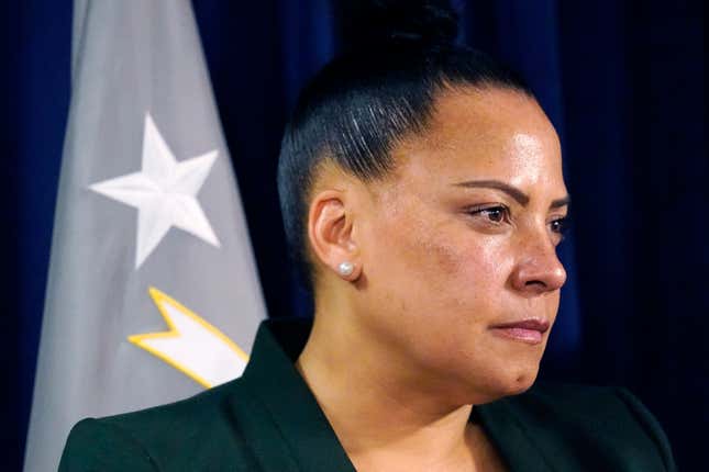 U.S. Attorney Rachael Rollins, of the Massachusetts District, addresses the media at the Moakley Federal Courthouse, Tuesday, May 24, 2022, in Boston.