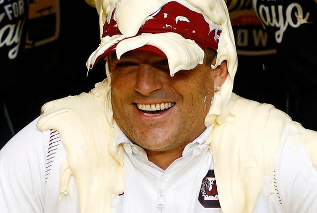 South Carolina coach Shane Beamer got doused with mayonnaise but he didn’t seem to mind.