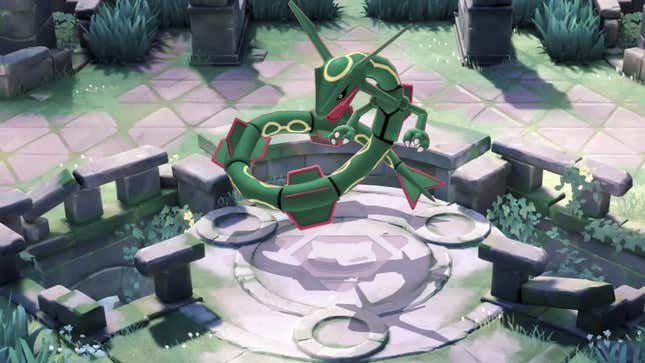 Rayquaza, the legendary Gen III flying dragon, looking all menacing on Pokémon Unite's upcoming map Theia Sky Ruins.
