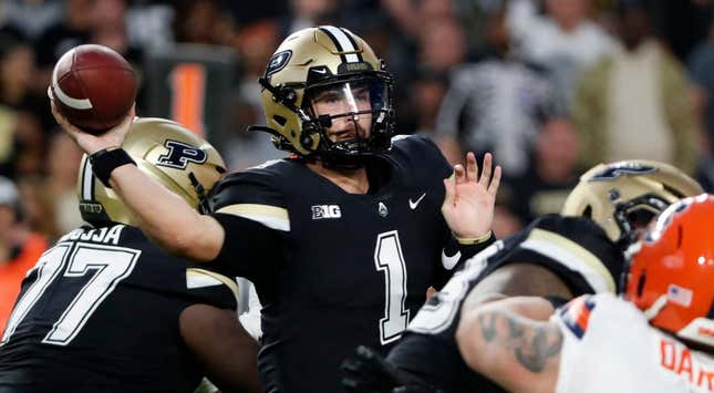 Purdue Boilermakers quarterback Hudson Card (1) passes the ball during the NCAA football game against the Syracuse Orange, Wednesday, July 12, 2023, at Ross-Ade Stadium in West Lafayette, Ind.