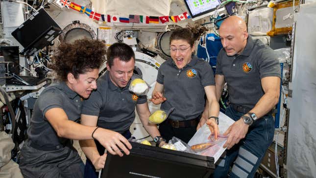 ISS astronauts unpacking newly delivered food, October 2019. 