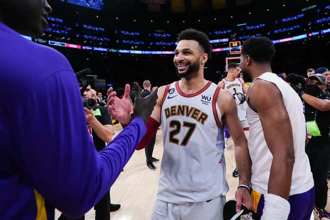 May 22, 2023; Los Angeles, California, USA; Denver Nuggets guard Jamal Murray (27) reacts to beating the Los Angeles Lakers in game four of the Western Conference Finals for the 2023 NBA playoffs at Crypto.com Arena.