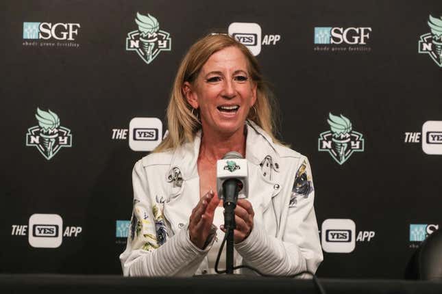 Aug 6, 2023; Brooklyn, New York, USA;  WNBA Commissioner Cathy Engelbert speaks at a press conference prior to the game between the Las Vegas Aces and the New York Liberty at Barclays Center.
