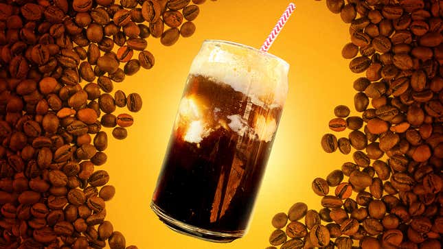 Espresso Soda Float in glass with straw on background of coffee beans