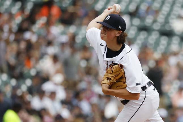 Aug 10, 2023; Detroit, Michigan, USA; Detroit Tigers starting pitcher Reese Olson (45) pitches in the second inning against the Minnesota Twins at Comerica Park.