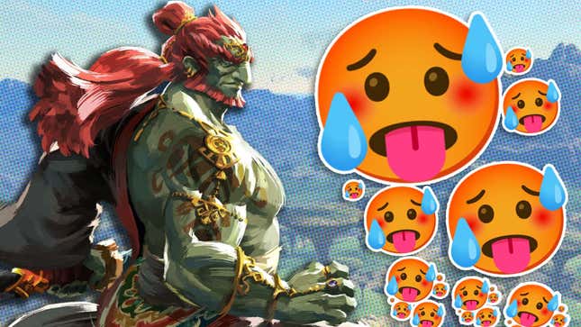 'Rehydrated Ganondorf' in The Legend of Zelda: Tears of the Kingdom is superimposed on a BOTW background, with sweat-face emojis cascading the right side.