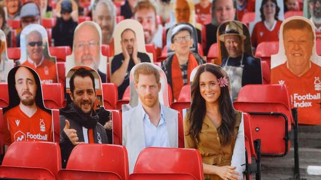 Cardboard cutouts of Harry and Meghan attended a soccer game in Nottingham, England, last summer