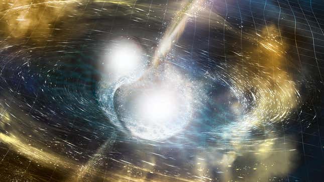 An illustration of merging neutron stars producing gravitational waves.