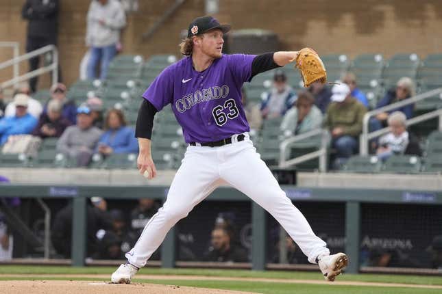 Mar 2, 2023; Salt River Pima-Maricopa, Arizona, USA; Colorado Rockies starting pitcher Noah Davis (63) throws against the Chicago White Sox in the first inning at Salt River Fields at Talking Stick.