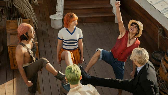 A One Piece live action still shows the Straw Hats setting sail for the Grand Line.