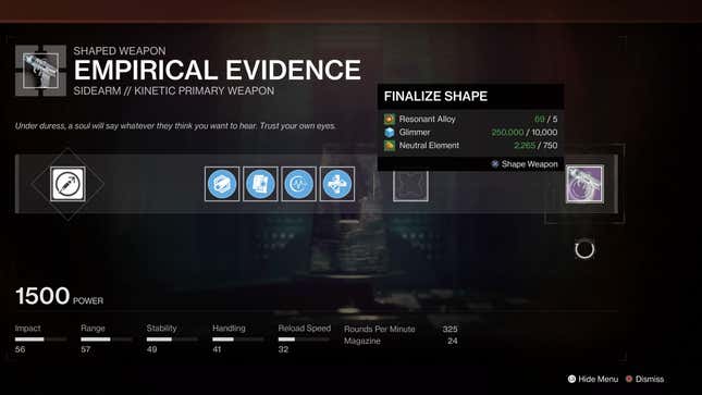 Witch Queen's crafting menu shows how much materials certain weapons will cost.