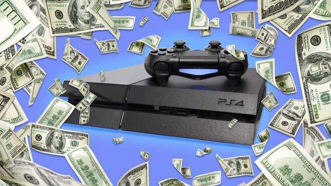یک PS4 توسط هزاران پول احاطه شده است.