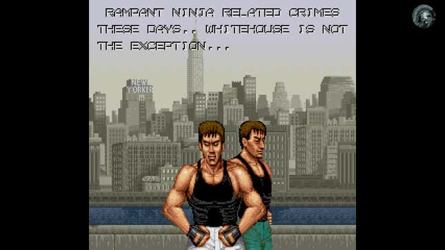 Two dudes in black tank tops stand against a New York skyline while onscreen text references "rampant ninja related crimes these days."