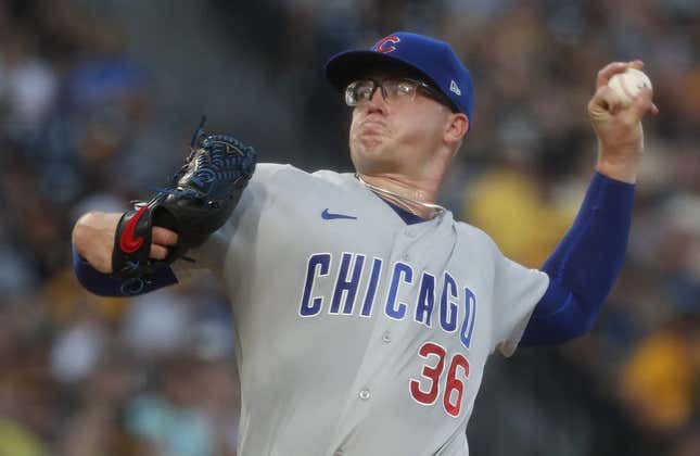 Aug 26, 2023; Pittsburgh, Pennsylvania, USA;  Chicago Cubs starting pitcher Jordan Wicks (36) delivers a pitch in his major league debut against the Pittsburgh Pirates during the first inning at PNC Park.