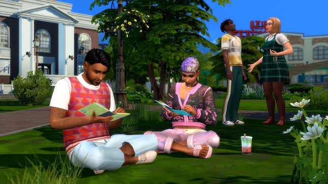 Sims read books in a grass field.