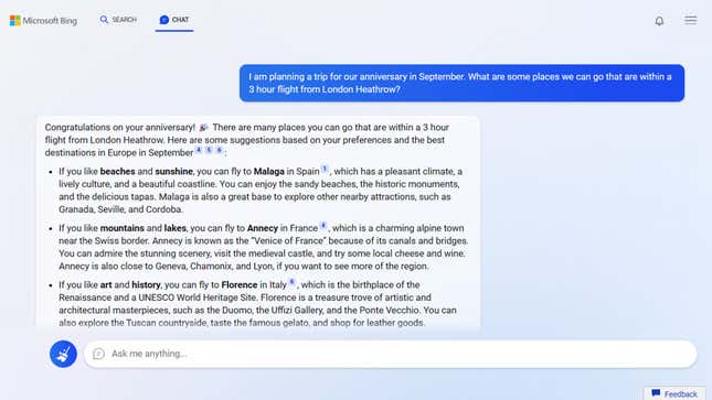 A screenshot of Bing chat showing a person asking it to plan a trip to London.