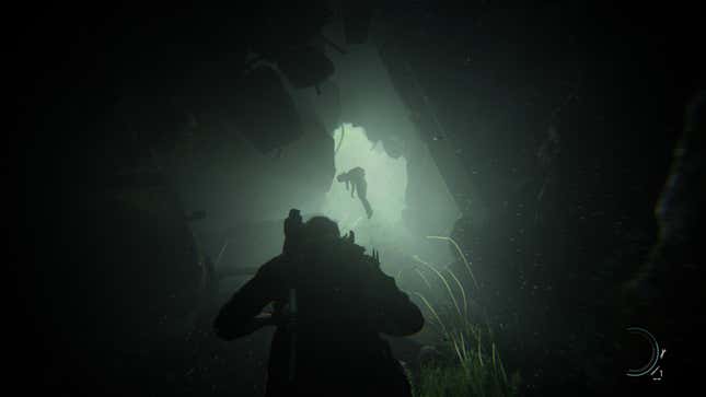 Underwater, Joel sees Ellie framed by light in the distance in a moment from the game The Last of Us.