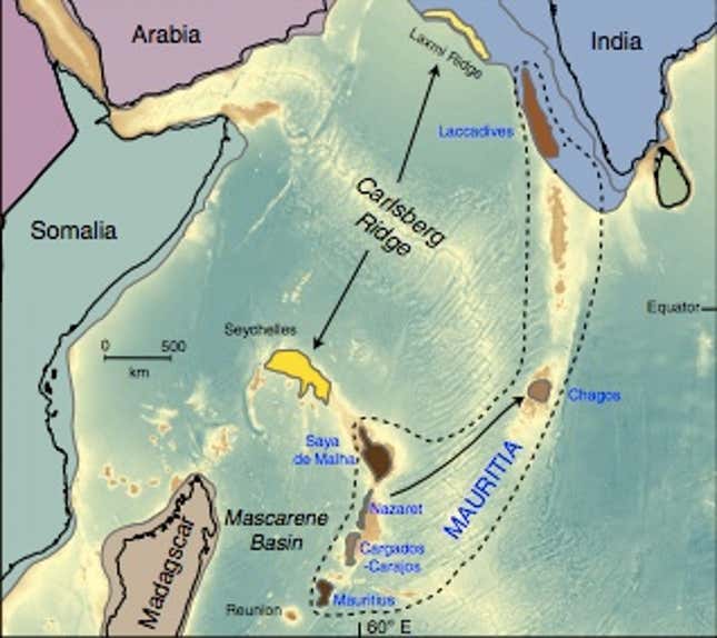 Locations of possible continental fragments in the Indian Ocean include Mauritia (brownish shading), Laxmi Ridge and the Seychelles (yellowish shading).