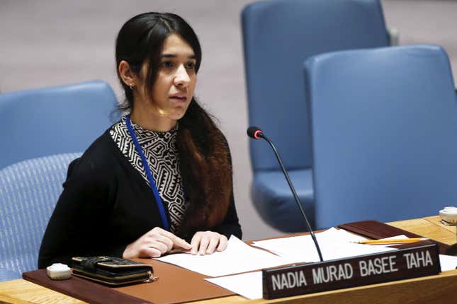 Nadia Murad Basee speaks to members of the UN Security Council.