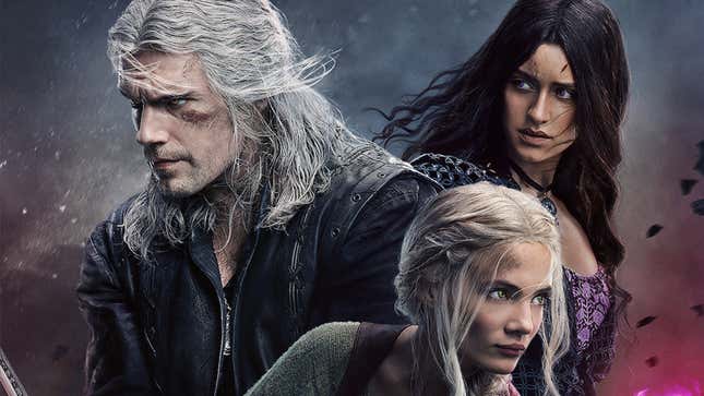 A poster for The Witcher season 3 featuring Henry Cavill as Geralt, Anya Chalotra as Yennefer, and Freya Allen as Ciri, all looking like they've been in battle.