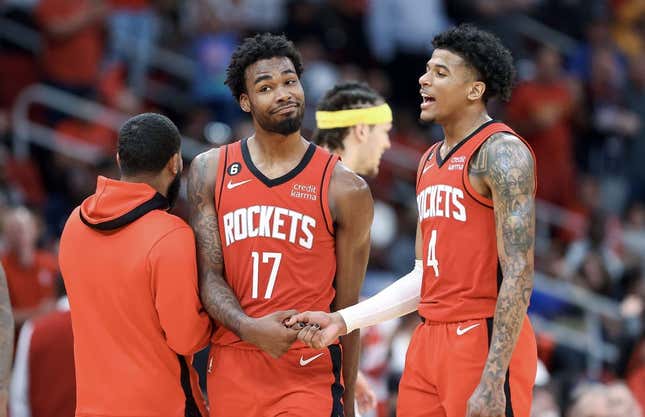 Apr 4, 2023; Houston, Texas, USA; Houston Rockets forward Tari Eason (17) and guard Jalen Green (4) celebrate after a play during the fourth quarter against the Denver Nuggets at Toyota Center.