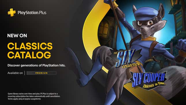 A graphic for PlayStation Plus' Classics Catalog is shown featuring Sly Cooper hanging from something on the righthand side.
