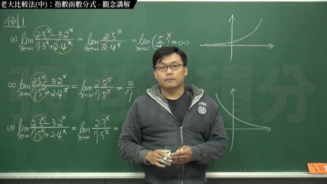 A fully-clothed Changhsumath stands before a chalkboard on which math problems are written. 