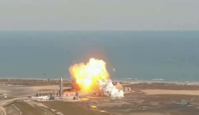 The SN9 Starship prototype exploding during a failed landing on February 2, 2021.