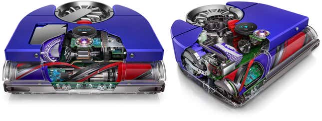 Two images of the Dyson 360 Vis Nav from different angles with cutaway sections revealing the components inside.