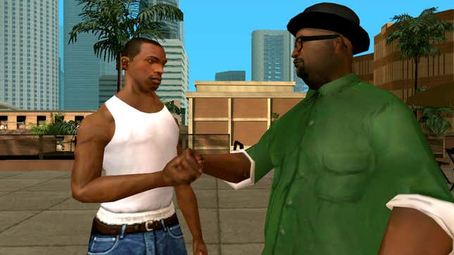 A screenshot of CJ and Big Smoke shaking each others' hands. 