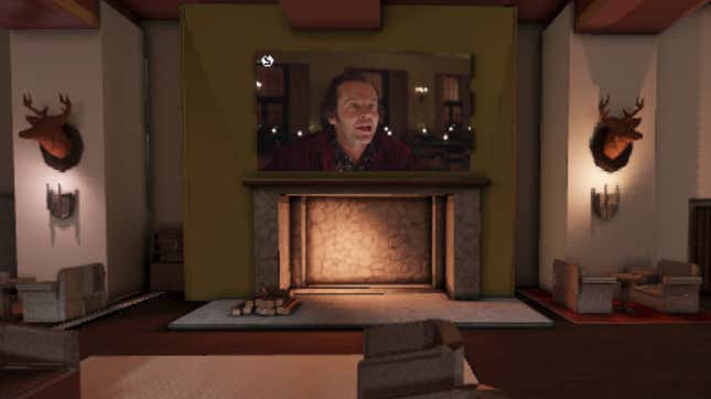 image of a CounterSocial VR space modeled after the Overlook Hotel from The Shining. Jack Nicholson is featured.
