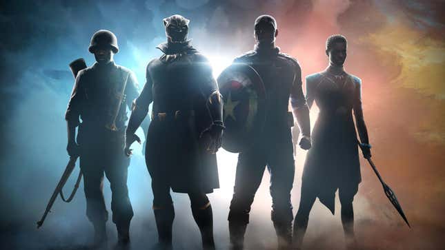 Black Panther, Captain America, and two others stand in front of a a world at war in art for Amy Hennig's new game.