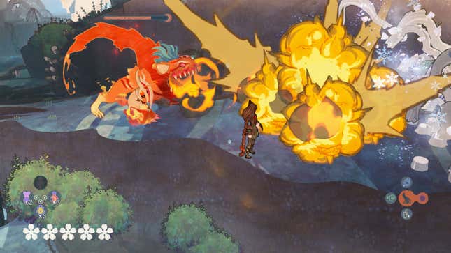 A screenshot show's Cheshire clearing an icy obstacle out of Cereza's way using fire. 
