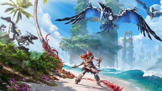 Promotional artwork for Horizon Forbidden West depicting protagonist Aloy fighting against mechanized pterodactyls.