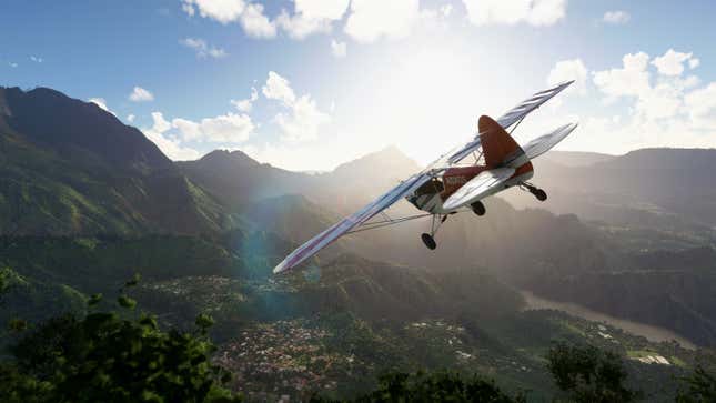 a small single occupancy plane against lens flare and mountains in microsoft flight sim for xbox