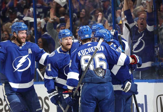 Apr 24, 2023; Tampa, Florida, USA; Tampa Bay Lightning left wing Alex Killorn (17) celebrates with center Steven Stamkos (91),  center Brayden Point (21) , defenseman Victor Hedman (77) and right wing Nikita Kucherov (86) after he scores a goal against the Toronto Maple Leafs during the first period of game four of the first round of the 2023 Stanley Cup Playoffs at Amalie Arena.
