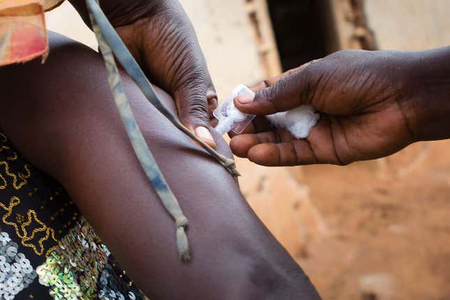 A patient receives the injection of the contraceptive progestin from the Sayana Press.