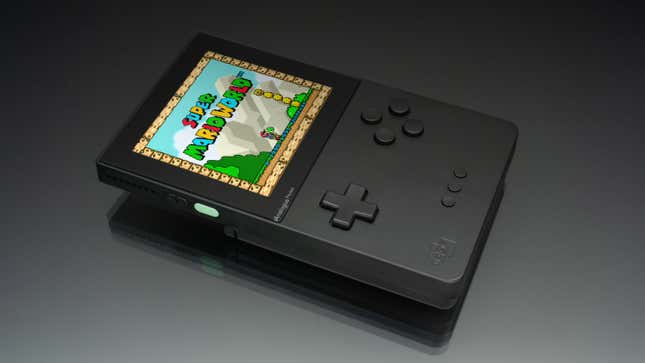The Analogue Pocket handheld running a Super Nintendo core.