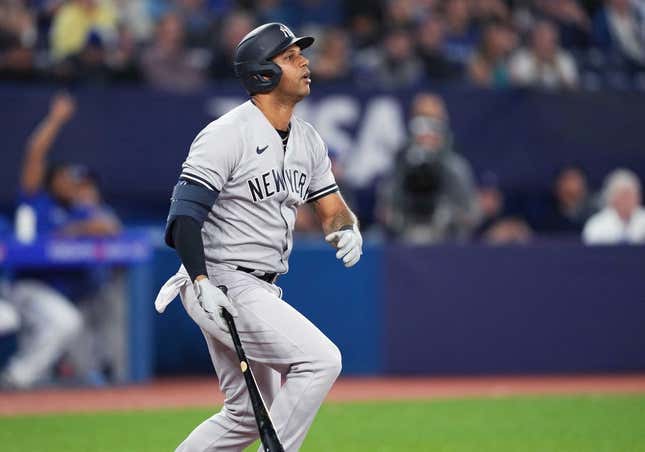 May 18, 2023; Toronto, Ontario, CAN; New York Yankees left fielder Aaron Hicks (31) reacts after hitting a double against the Toronto Blue Jays during the ninth inning at Rogers Centre.